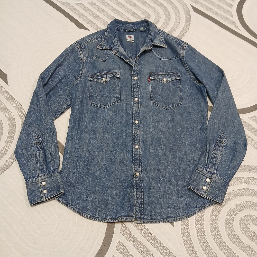 Levi's mens medium pearl snap mens button down denim jeans shirt